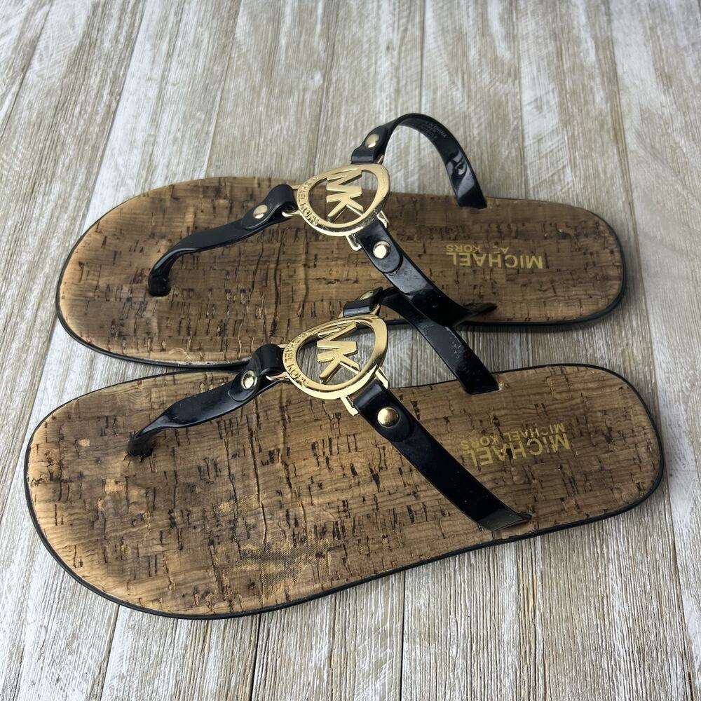 MICHAEL KORS Black Jelly Cork Thongs Flat Sandals Size 7 MK Gold Logo Flip Flops
